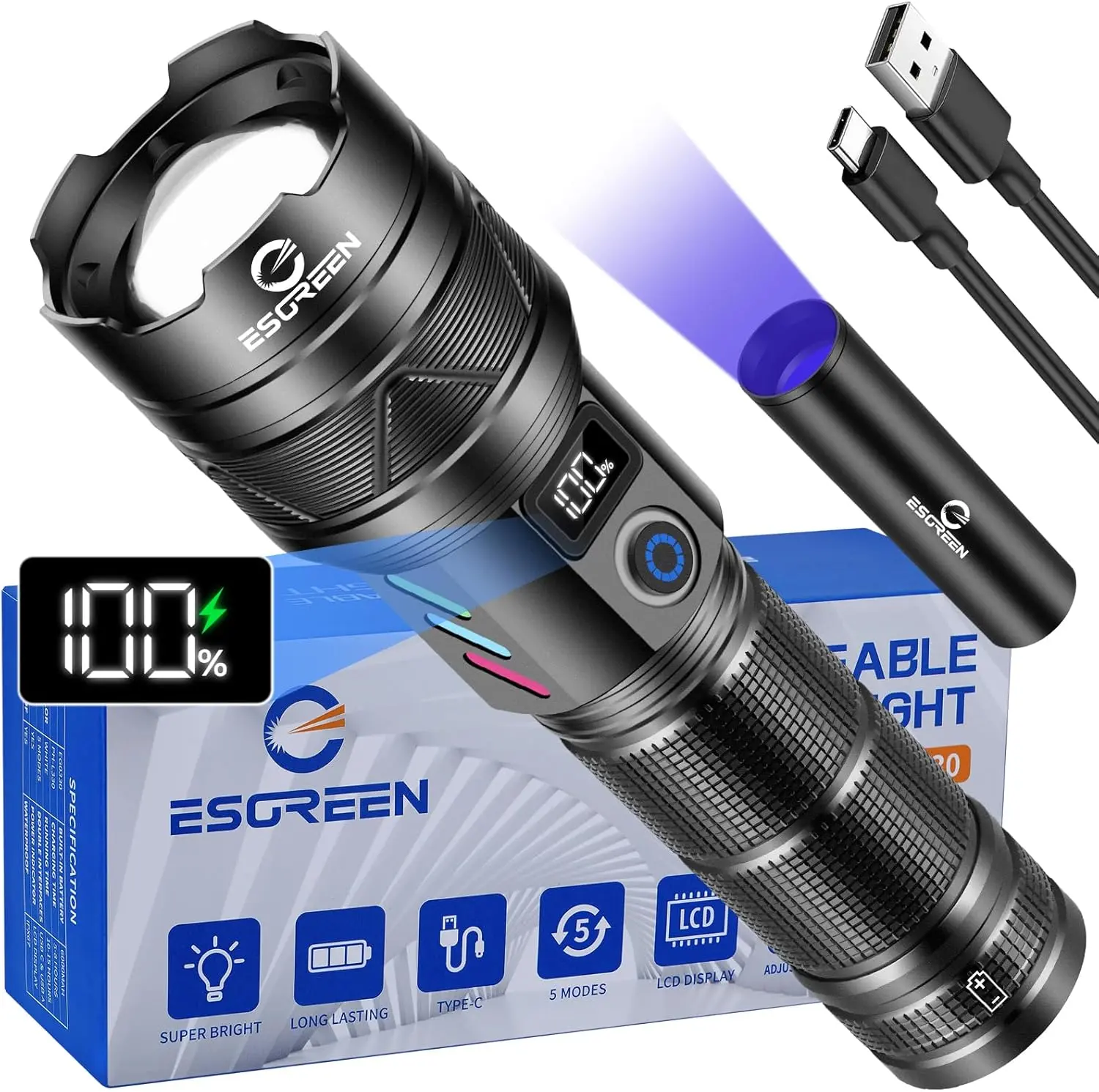 Rechargeable LED Flashlight 10000 High Lumens Super Bright Torch, Long Range 5000ft High Beam USB C Flashlight with Multiple Modes, Heavy Duty Powerful Handheld Flashlight for Camping Hiking Emergency Home Outdoor Use
