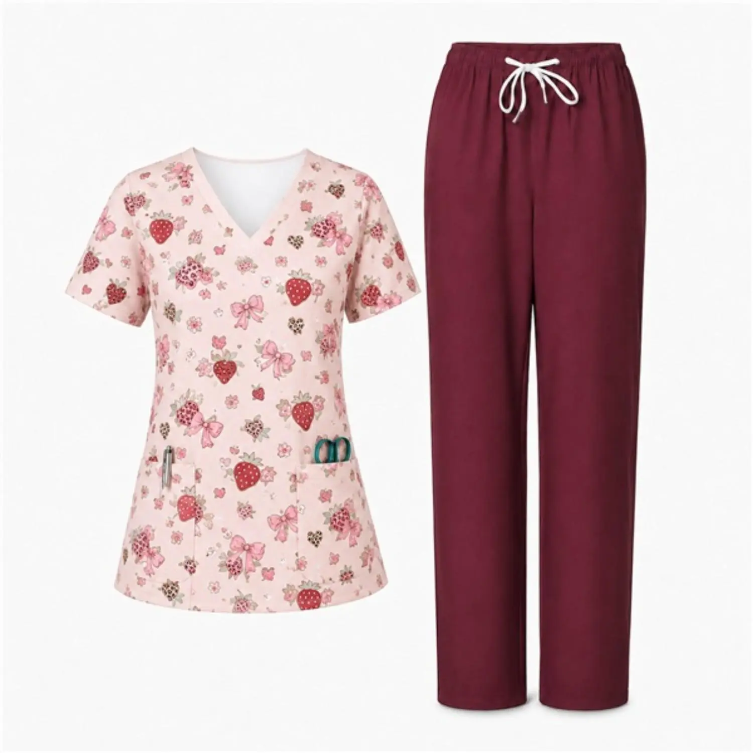 White Strawberry Bow Print Scrub Set - Cute Medical Workwear for Nurses & Healthcare Workers, Stylish & Comfortable Fit