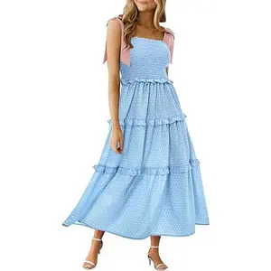 Wenrine Women's Summer Floral Maxi Dress Smocked Tie Shoulder Boho Sleeveless Ruffle Tiered Casual Beach Dresses