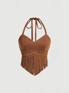 OFFGRID x HANNA x MOD Vintage Brown Tassel Hem Halter Neck Top, Spring/Summer, Holiday, Music Festival, Nomadic Style, Country Style, Date, Romantic, Going Out Top, Y2K Tops, Chic, 70s Style, Boho, Date, Retro