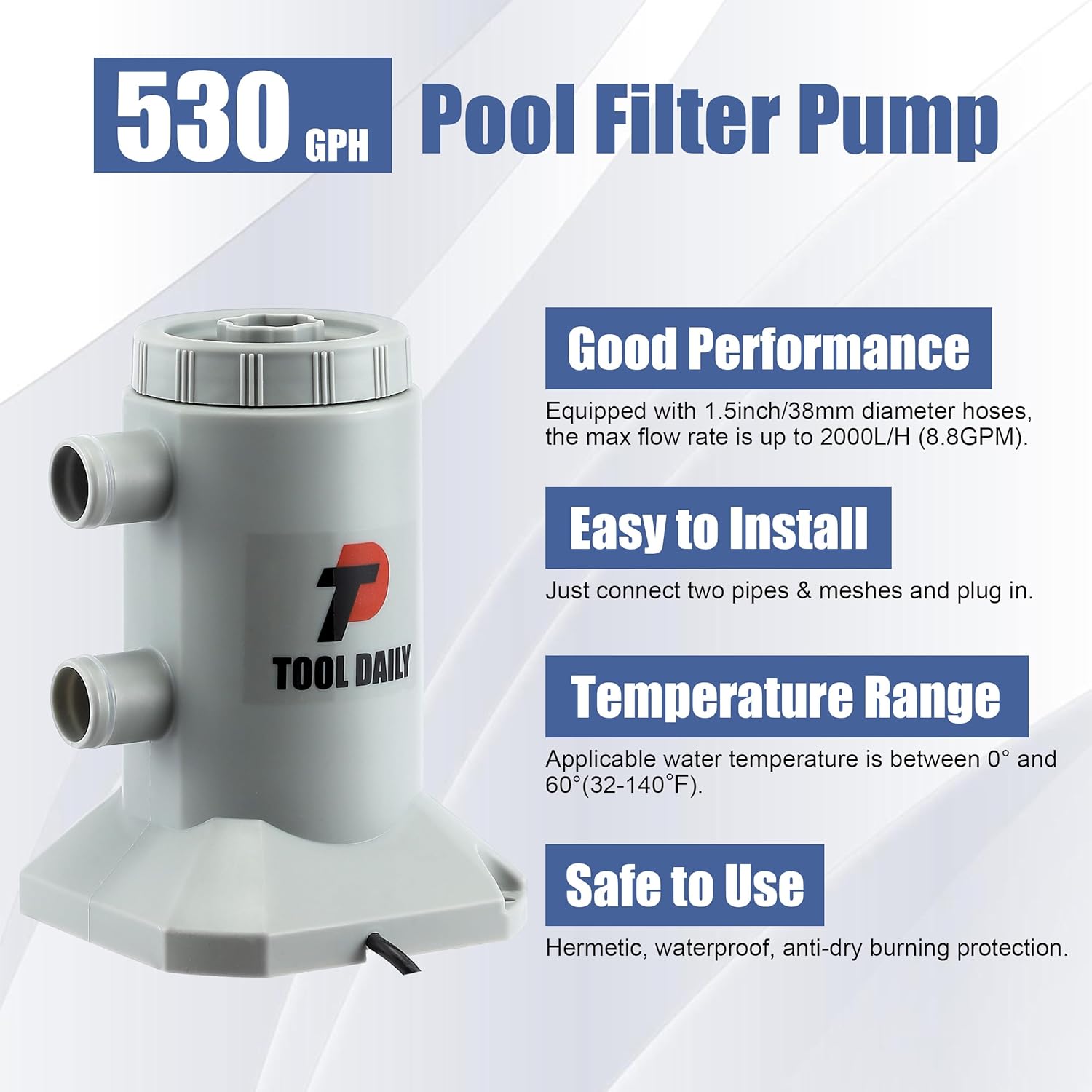 Tool Daily Automatic Pool Cover Pump 1200 GPH Submersible with 4 Adapters & 16ft Drainage Hose, Automatic ON/OFF Function, Durable Construction