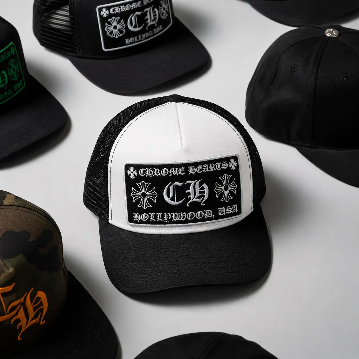 Chronic Hearts Trucker Hat - Black & White Mesh Design with Logo Patch, Adjustable Fit, Ideal for Casual Wear