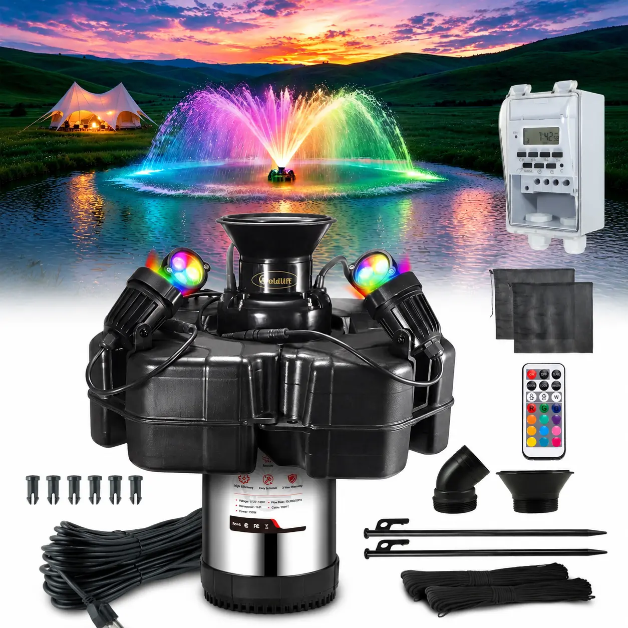 Goldlife Pond Fountain Aerator F4, With 4 RGB Lights, 110V 1HP 750W 15000GPH, 100FT Power Cord, Powerful Aerating Fountain Pump for Outdoor Small Large Pond Lake Garden Jet Fountain System