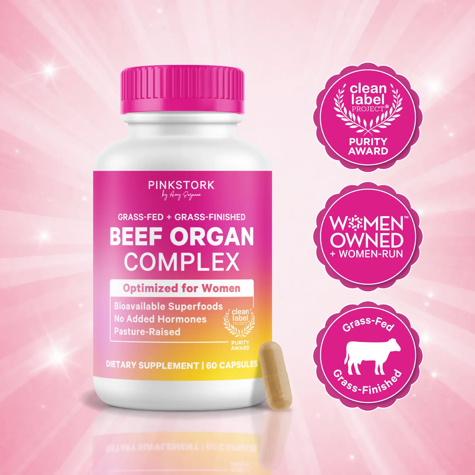 Pink Stork Beef Organ Supplement for Women | Clean Label, Grass-Fed Primal Bioavailable Multivitamin | Liver, Heart, Ovary, Kidney, Uterus, Iron, B12, CoQ10, Vitamin A, Zinc | Skin + Nail Health, Hormone + Energy Support | 60 Capsules | Dietary Healthcare