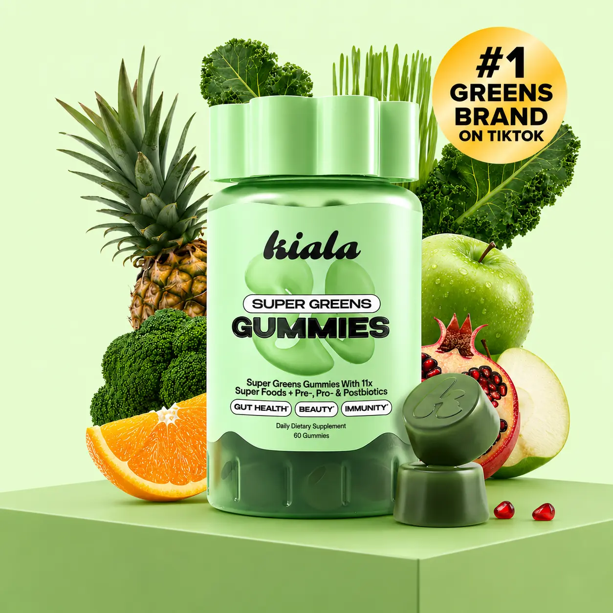 Kiala Nutrition Organic Super Greens Gummies, Gut Support Dietary Supplement with Immune Boost, Natural Digestion Support & Bloating Relief