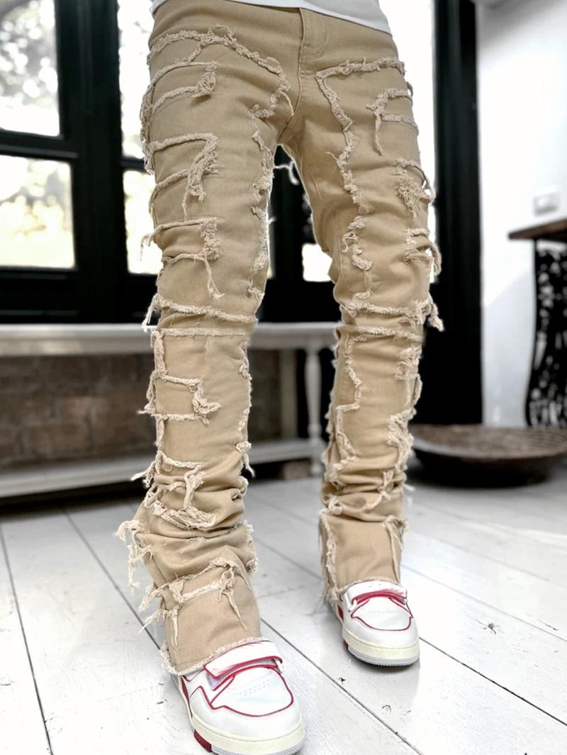 Men Stylish Vintage Khaki Stacked Spliced Slim Flared Jeans Pants Streetwear Hiphop Male Straight Biker Denim Trousers