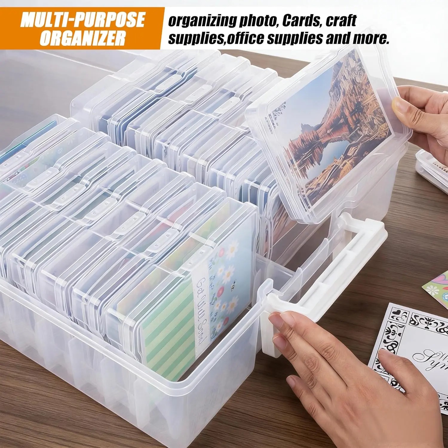 4×6 inch Plastic Photo Storage Box,Photo Cases,Picture Storage Containers With Handle,16pcs photo organizers and storage For Photos,Picture,Greeting Card,Stickers,Seed,Craft Supplies (Clear)