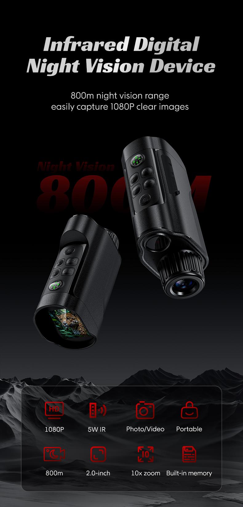 INSKAM Night Vision Monocular, 2'' HD Screen Infrared Binoculars with Compass for Photos and Videos, Perfect for Adults Outdoor Camping and Wildlife Observation