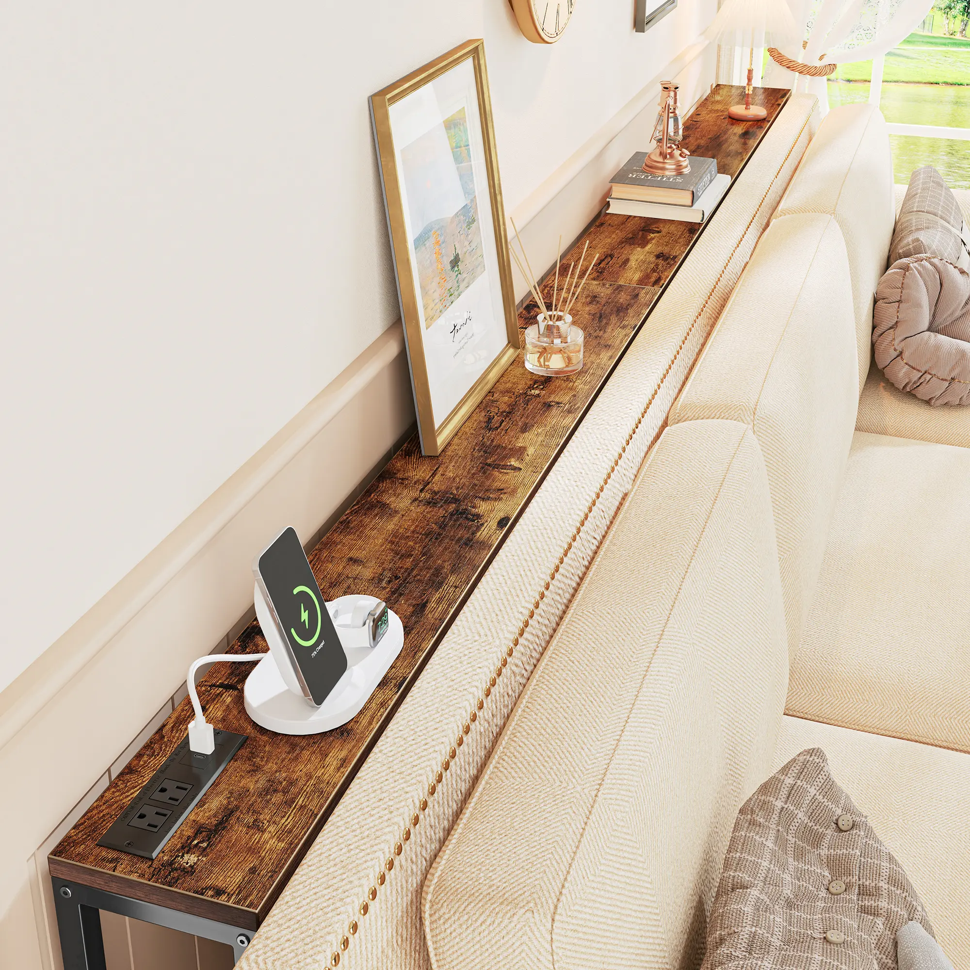 SUPERJARE Long Narrow  Couch Table, Adjustable Height Modern Entryway Console Table with Outlet & Charging Station - Living Room Decor, Household Items Decor, Hallway or Behind Sofa Room Accent