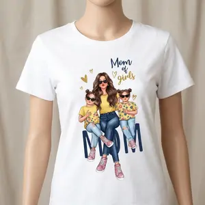 Cotton Short Sleeve T-Shirt Mom of Girls Cartoon Printed T-Shirt, Y2K Style, Short Sleeve, Crew Neck, Polyester, Mother'S Day Gift Great for spring and summer everyday wear