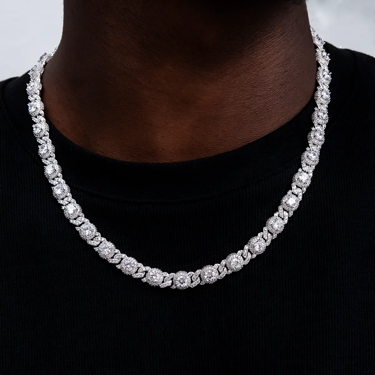 GLD Iced Diamond Station Cuban Chain | 14k White Gold Plating - Hand-Set CZ Diamonds - 16" to 22" Length - Perfect for Necklace Stack - Lifetime Guarantee - Perfect Gift