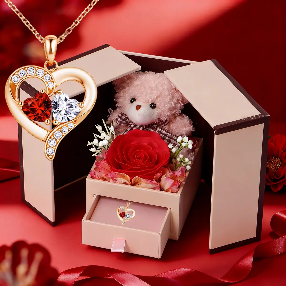 Creative Rose Bear Gift Box with Heart Pendant Necklace, Romantic Jewelry Gift for Mother's Day and Valentine's Day, Birthday Gift for Girlfriend Wife Daughter