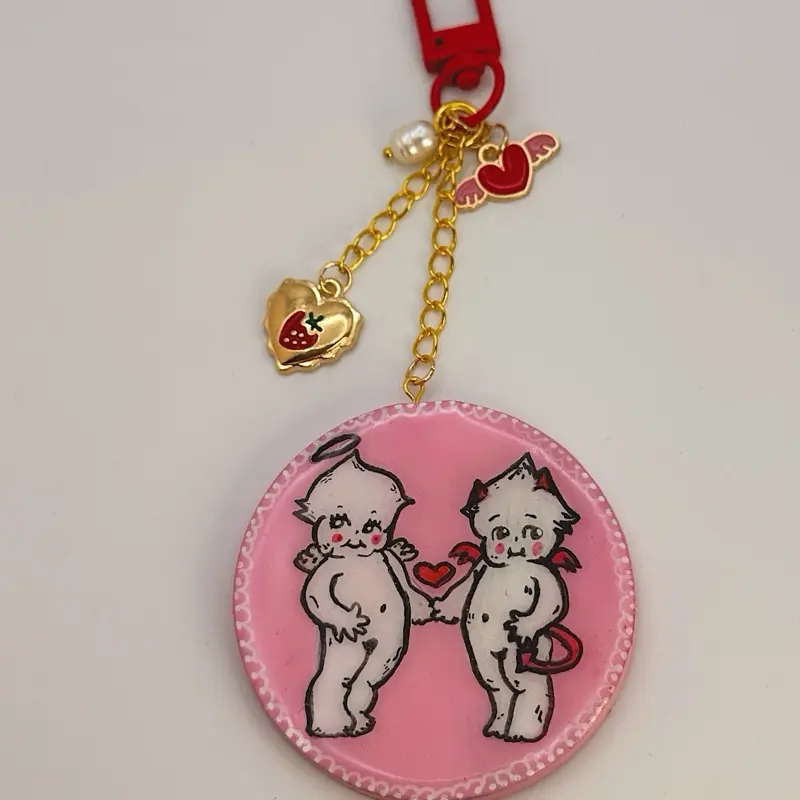 Kewpie-Inspired Cherub Bag Charm – Pink Angel & Devil Heart Keychain