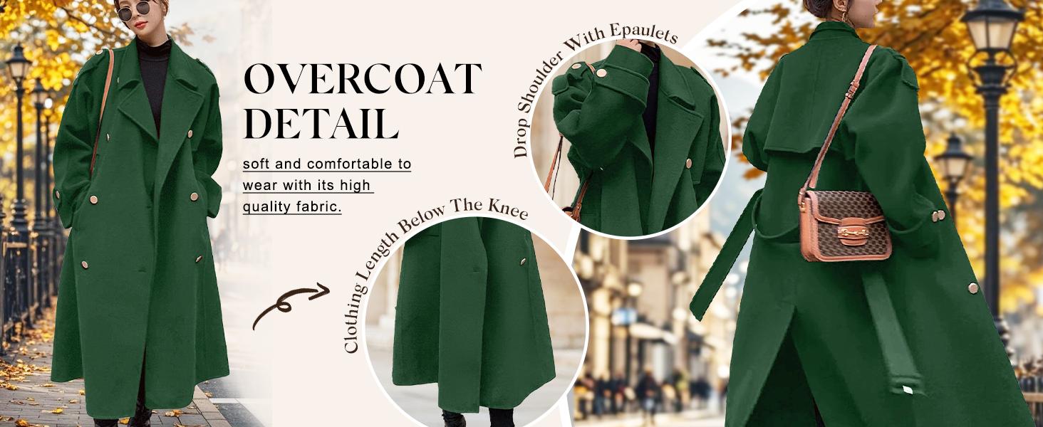 Ebossy Women's Winter Double Breasted Midi Long Wool Pea Coat Notch Lapel Trench Coat Minimalist Basic Jackets Thermal Lined Outerwear