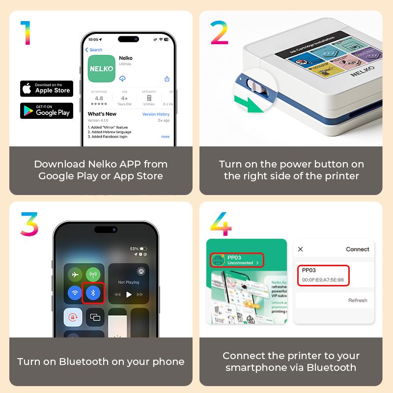 Nelko Pocket PP03 Instant Smartphone Inkjet Photo Printer With 100 Photo Papers, Portable Mini Color Wireless Mobile Printer, Bluetooth Compatible with iOS & Android Devices, Fun Editing App, Ideal Valentine's Day Gift
