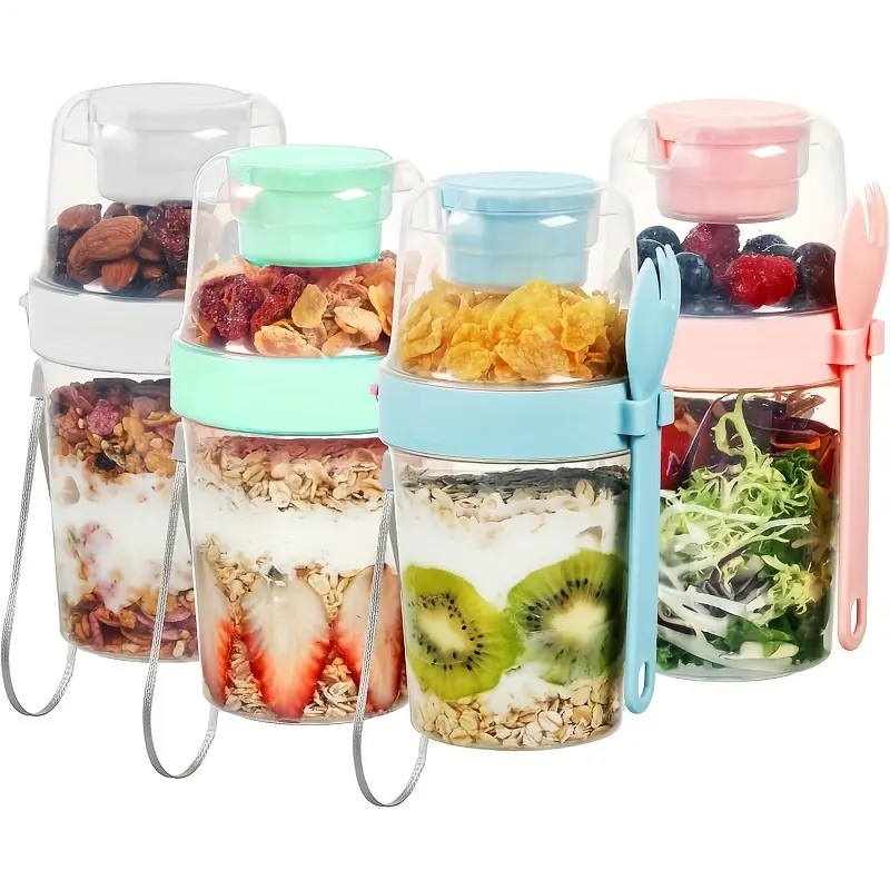 4-Pack Large 27oz Yogurt Parfait Cups with Leakproof Lids & Utensils - BPA-Free PP Kitchen Plastic Containers, Cereal Containers Storage, Microwave Reheat Safe, Stackable with Separate Toppings Compartments, Leakproof Carry for Meal Prep, Home/Office Use