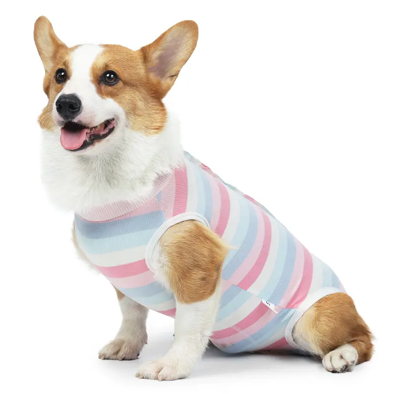 Striped Cotton Dog Recovery Suit for Small Medium Dogs, Back Snap Anti-Lick Post Surgery Onesie, Soft Breathable Spay Neuter Wound Protector