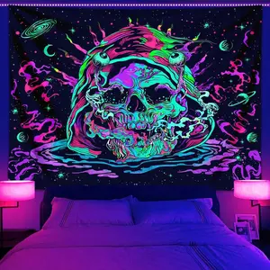 Skull Pattern Tapestry, 1 Count UV Responsive Black Light Tapestry, Space Planet Starry Sky Tapestry for Home Bedroom Living Room Dormitory
