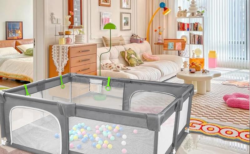 Baby Playpen with Play Mat, Extra Large Playpen for Babies and Toddlers, Baby Fence Play Pen Yard with Safety Gate Fence with 50 Ocean Balls 4 Pull Rings for Kids Indoor Outdoor