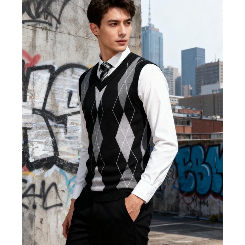 Fall Outfits Men's V-Neck Sleeveless Argyle Sweater Vest Slim Fit Casual Knitted Pullover for Spring Autumn Winter Office Wear & Party Events