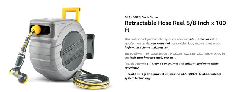 GLAHODEN Retractable Hose Reel, Max 130 FT / 115 FT / 100FT / 65FT Garden Water Hose Reel with 9-Pattern Nozzle, 180° Swivel Bracket Wall-Mounted, Automatic Rewind, Lock at Any Length, with Slow Return System，Optional Metal Bracket