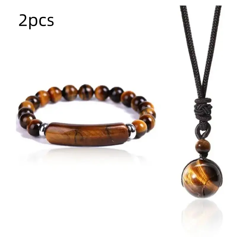 Unisex Earthy Neutral Gemstone Jewelry Set - 8MM Tiger Eye Beads Stretch Bracelet & Heart Charm Necklace, Handmade Healing Crystal Energy Piece, Inspirational Beaded Bracelet, Balance-Focused Valentine's Gifts
