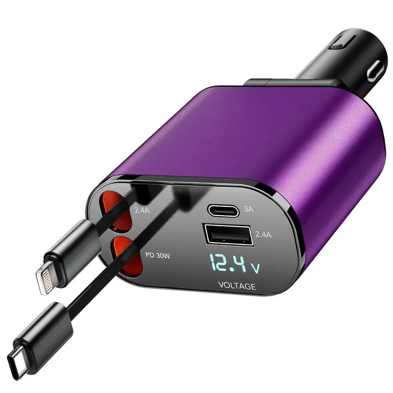 66W Fast Charge Retractable Car Charger - Multifunctional 4-in-1 USB Mobile Charger Adapter with 2 Retractable Cables, 2 USB Ports, Compatible with iPhone & Android Phones (Cars Accessories),back to school,back to school haul