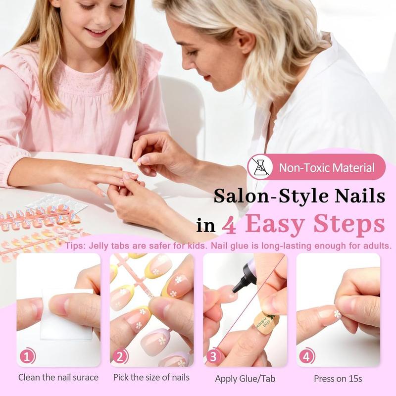 16 Sizes 128 Pieces Press on Nails for Kids, 4 pack Kids Nail Kit Colorful Flower Almond Fake Nail Tips for Girls 8-12 Years Old with Jelly Nail Adhesives & Nail Glue Birthday Easter Gifts