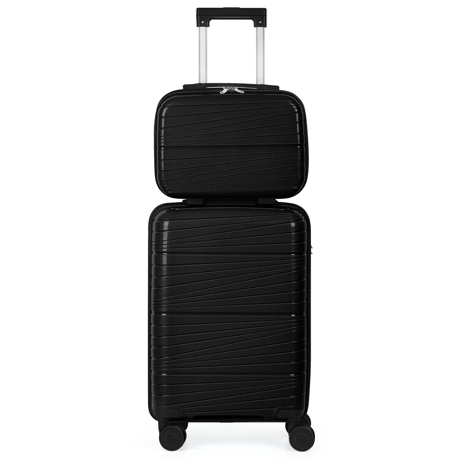 Black 2-Piece Hardshell Luggage Sets, 20-in Carry-On Suitcase with 14-in Cosmetic Travel Bag, 360° Spinner Wheels, 3-Digit Combination Lock, Lightweight Rolling Luggage for Travel