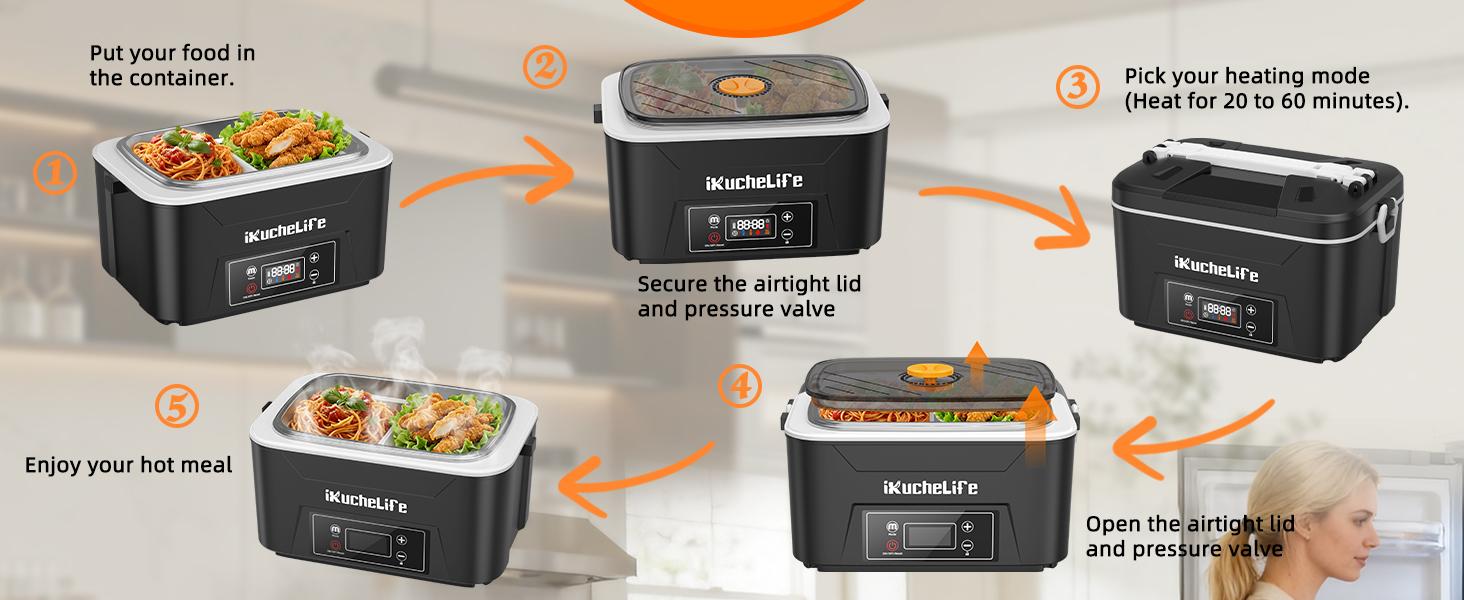 Heated Lunch Box with 24000mAh Battery,Cordless Electric Food Warmer with Scheduled Heating & Digital Display,Portable Rechargeable Lunch Heater for Work, Office, Travel, Camping,Suitable for Adults and Children