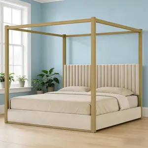 King Size Metal Canopy Bed Frame, Gold 4 Poster Bed with Tall Upholstered Headboard, Velvet Upholstered Canopy Platform Bed, No Box Spring Needed, Beige