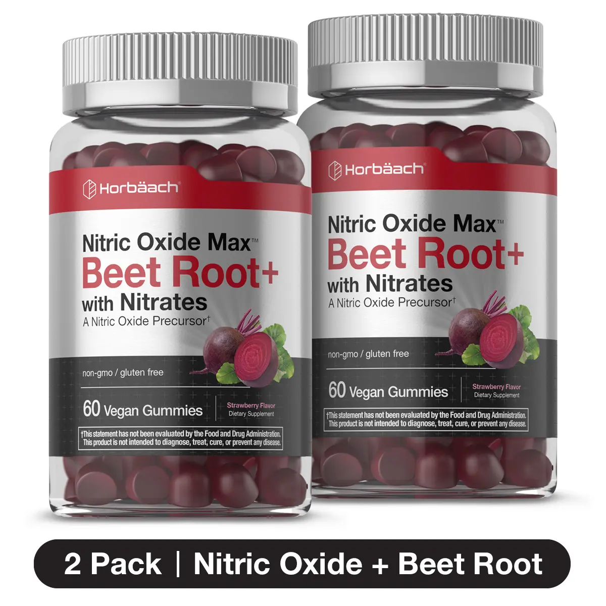 DOUBLE PACK Nitric Oxide Beet Root Gummies - 60 Count - with Nitrates - Strawberry Flavor - Vegan, Non-GMO, Gluten Free Supplement