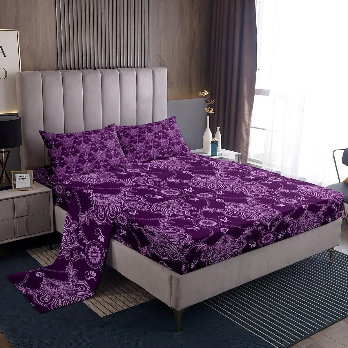 Feelyou Adults' Purple Vintage Damask Floral Sheet Set - Classical Paisley Printed Bedding, Deep-Pocket Fitted Sheet, Gothic Boho Hotel-Style Linens