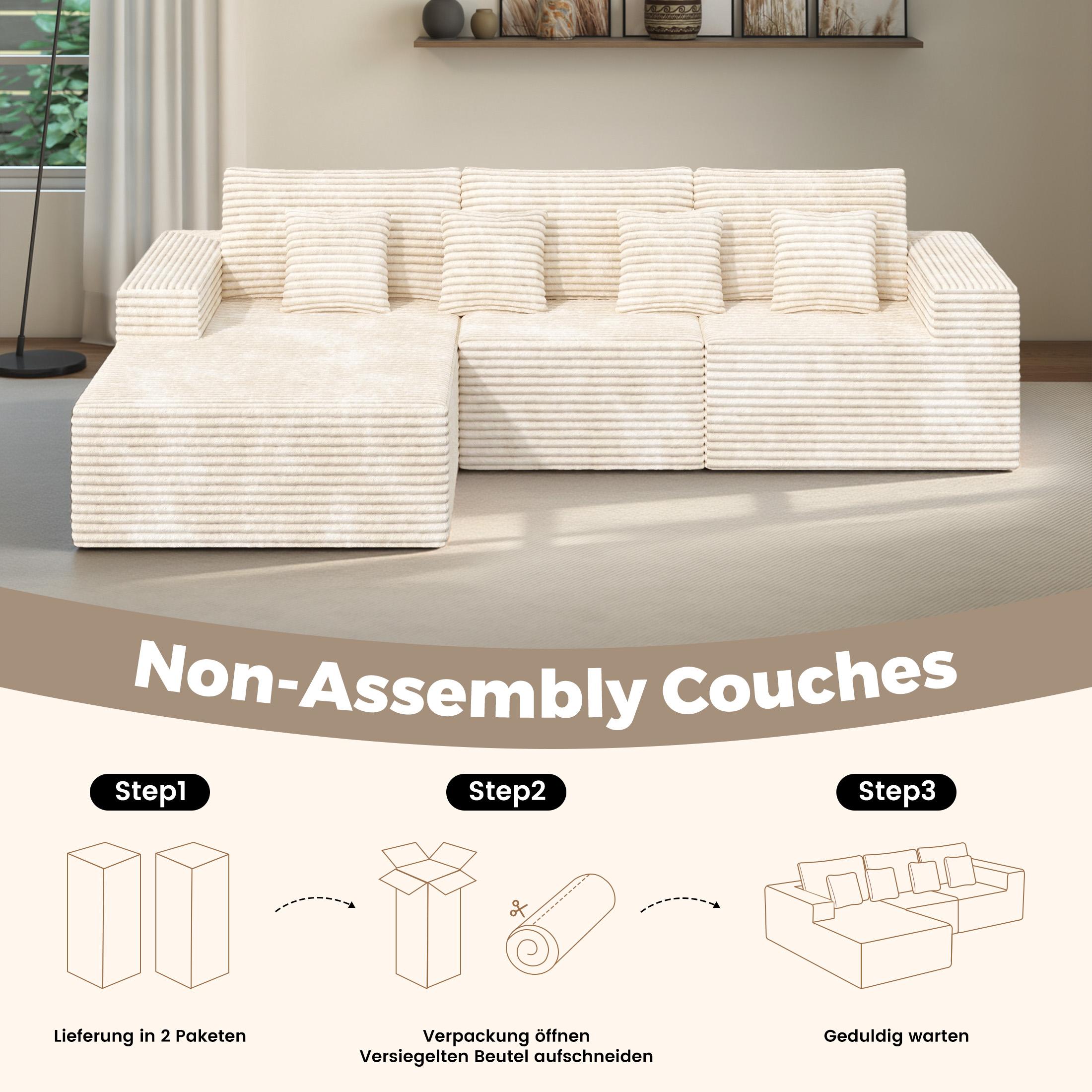【Shipped in Two Packages】111" L-Shaped Corduroy Modular Sectional Sofa With Chaise, Deep Seat Foam Couch With Removable Pillows, No Assembly
