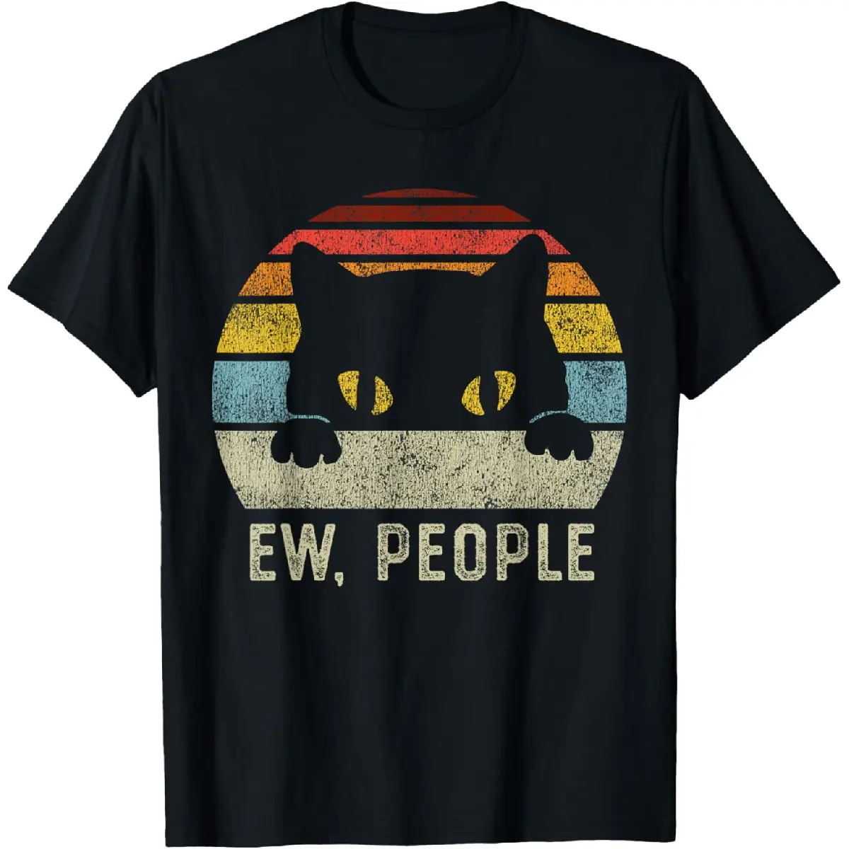 Women's 100% Cotton Short-Sleeve Fitted Casual Apparel, Personalized Retro Cat "Ew People" Funny Anti-Social Introvert T-Shirt