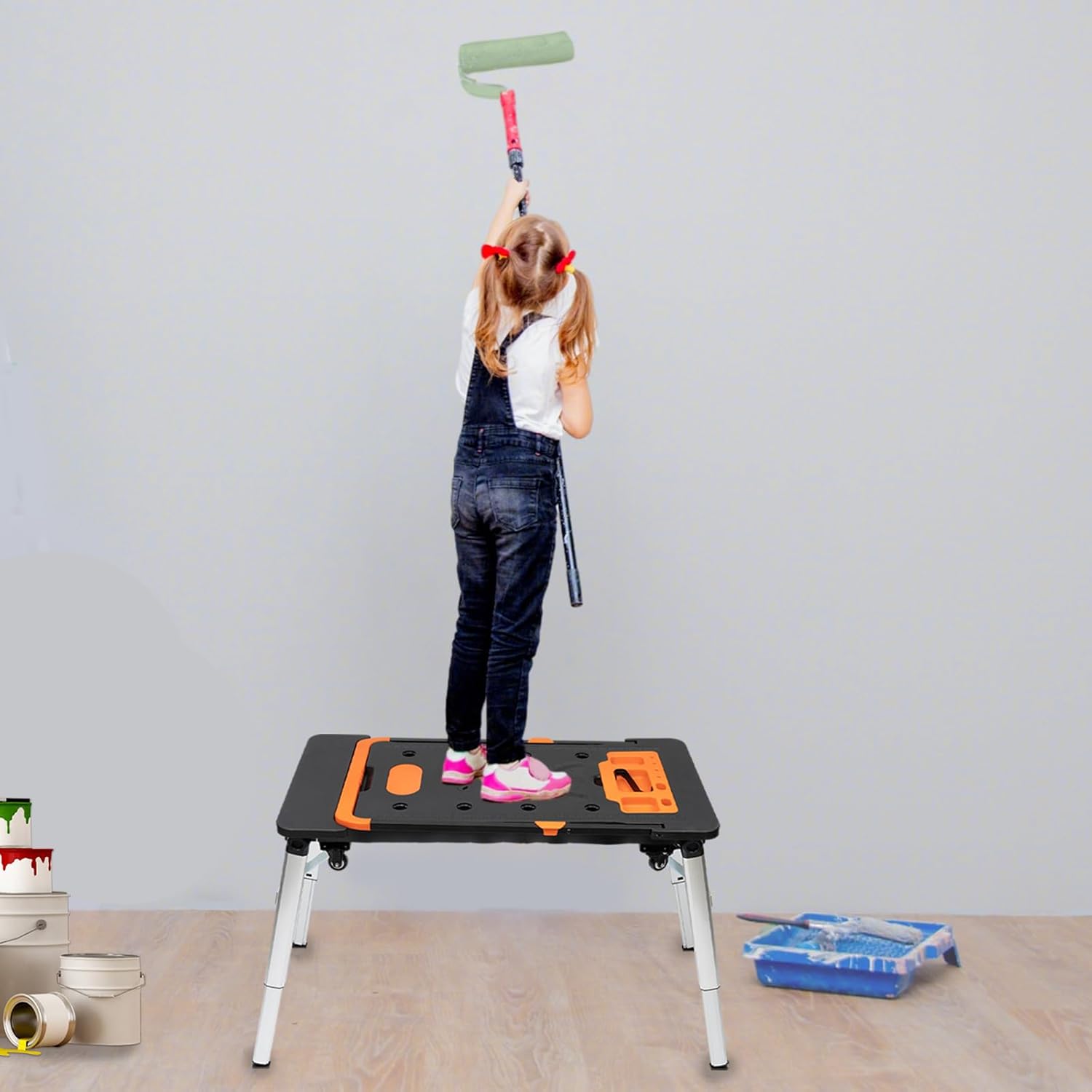 TECSPACE 7in1 Work Bench Multifunctional Portable Foldable Workbench Painted Work Table as Workbench, Scaffold,Platform,Sawhorse,Car Creeper and Hand Truck with 4 Wheels