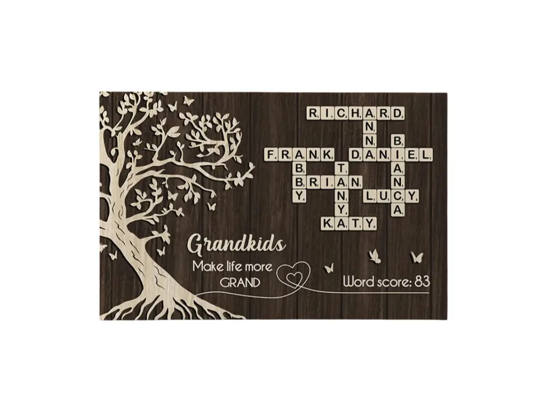 Personalized Grandkids Make Life More Grand Crossword Canvas Wall Art – Custom Grandparent Family Names Tree, Mother’s Day Home Decor, Rustic Farmhouse Style, Meaningful Gift from Grandkids