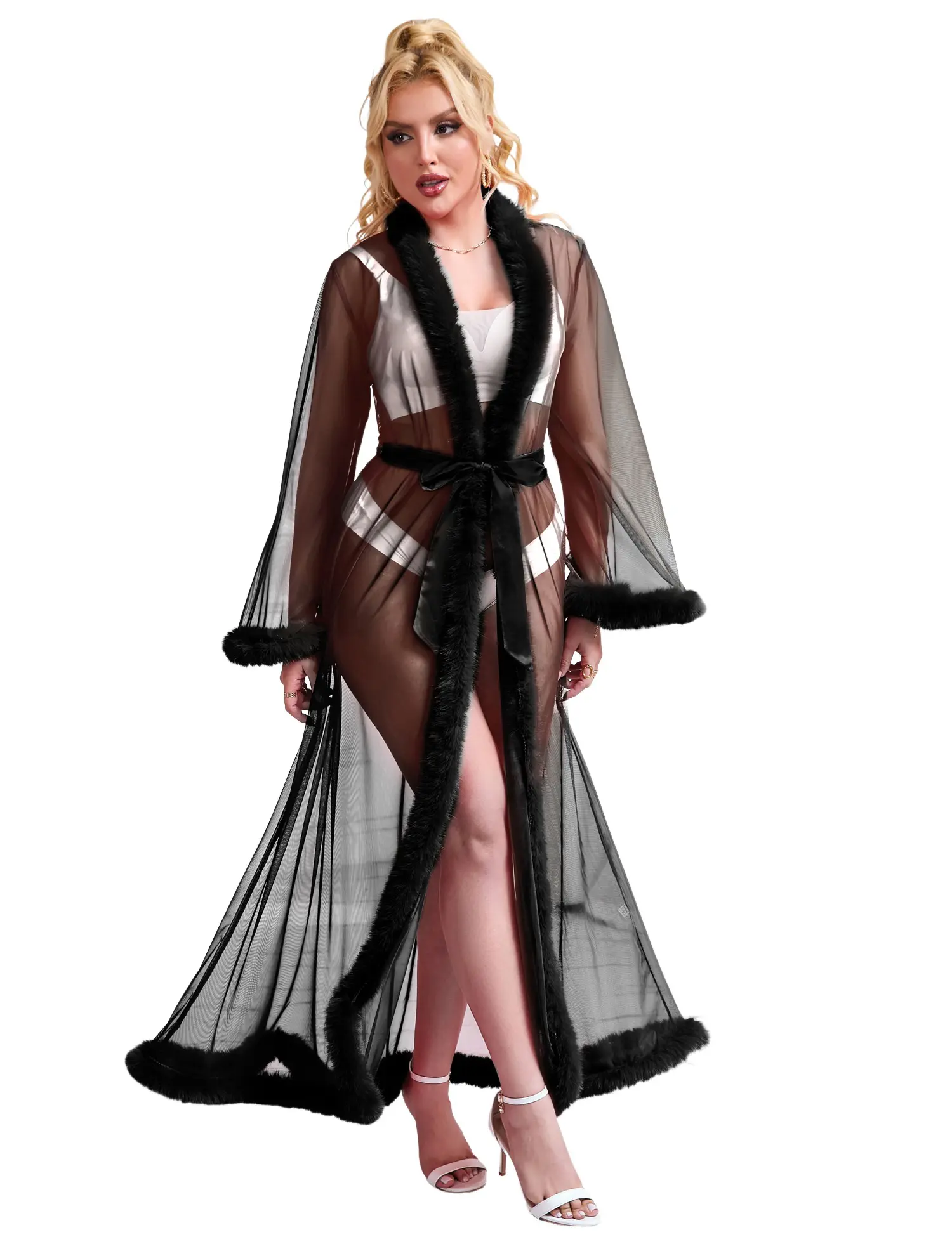 Women Long Kimono Robe Plus Size Mesh Fur Robe Lingerie Feather Bridal Loungewear Nightwear Gowns Robe