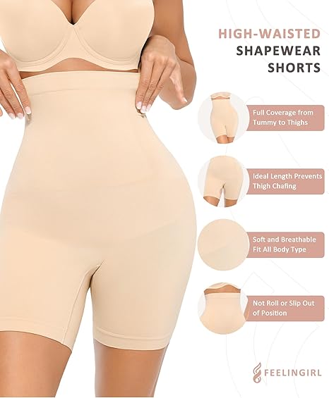 FeelinGirl Tummy Control  Comfort Basic Shapewear Shorts Body Shaper for Women High-Waisted Thigh