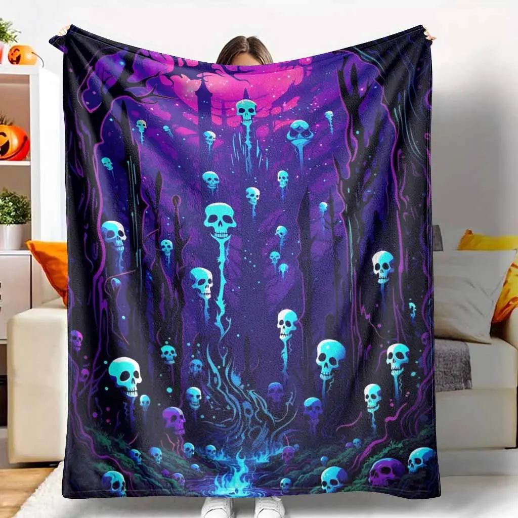 Mystical Skull Forest Flannel Throw Blanket - Neon Blue Purple Floating Skeletons Pattern, Flannel Fabric, Ultra Soft, Cozy, Lightweight, Warm, Breathable, Gothic Look for Gothic Room Decor, Whimsical Home Decor, Halloween Gifts, Multi-Size