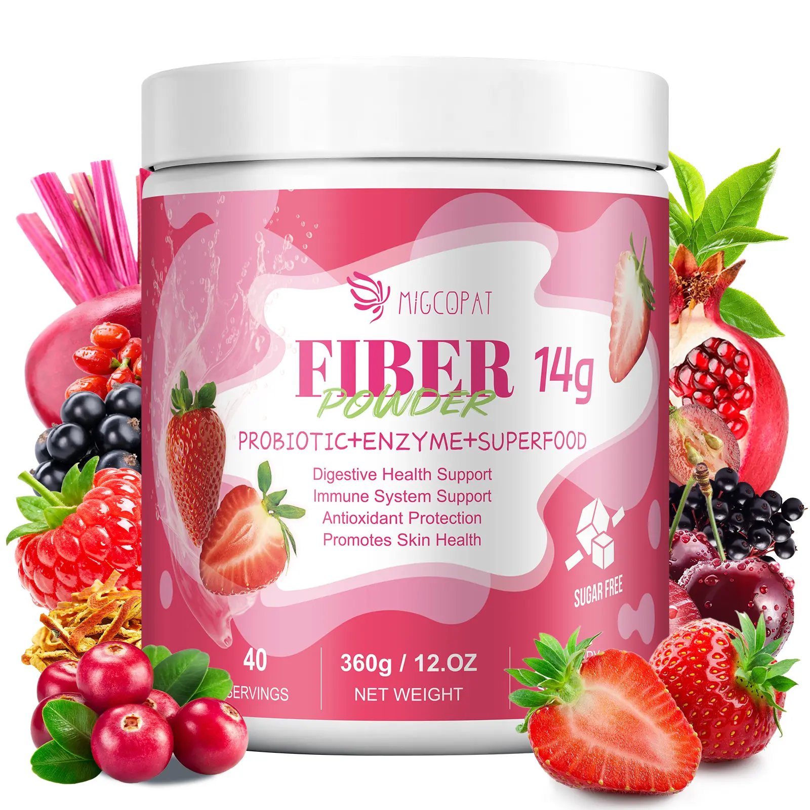 12.OZ Migcopat Superfood  Fiber Powder with Probiotics, Prebiotics, Digestive Enzymes, Vitamin C, Inulin, Magnesium, 14G Fiber Supplement for Digestive Support & Skin Health, Strawberry, 40 Serv,#backtoschool