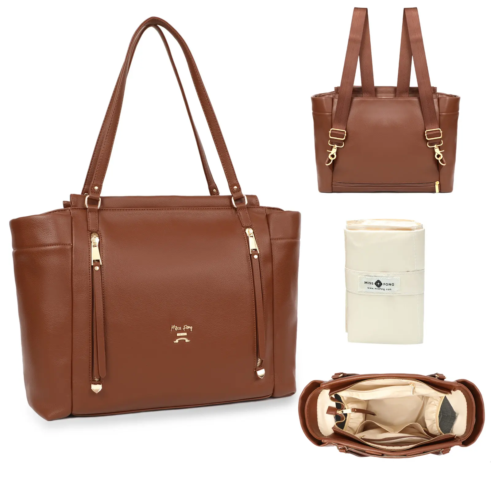 Miss Fong Tote Bag For Women, Convertible Backpack, Large Capacity Functional Mom Tote Diaper Bag with 12 Pockets, Hospital Bag For Mom, Travel Backpack, with a Changing Pad, Stroller Straps, Laptop Compartment, Carry Luggage, Newborn Baby Shower Gift