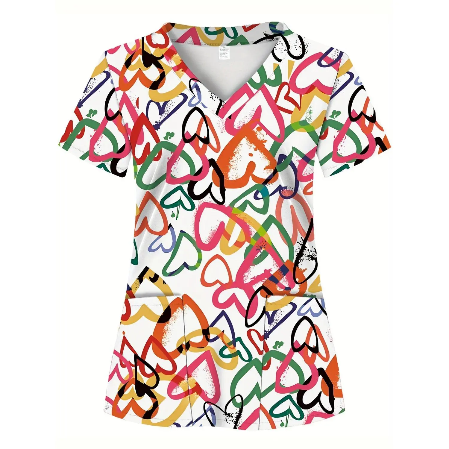 Colorful Heart Pattern Women's Scrub Top – Perfect for Valentine's Day, Soft & Breathable 2-Pocket Design, Comfortable Healthcare Uniform for Hospitals & Dental Clinics