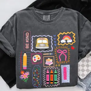 Comfort Colors, Trendy Teacher T-Shirt, Colorful Doodle Back To School Shirt, Preppy Coquette School T-shirt, Girly Pink Bow Tee, Teacher Gifts, Casual Round Neck, gift for her, him, Womenswear Top