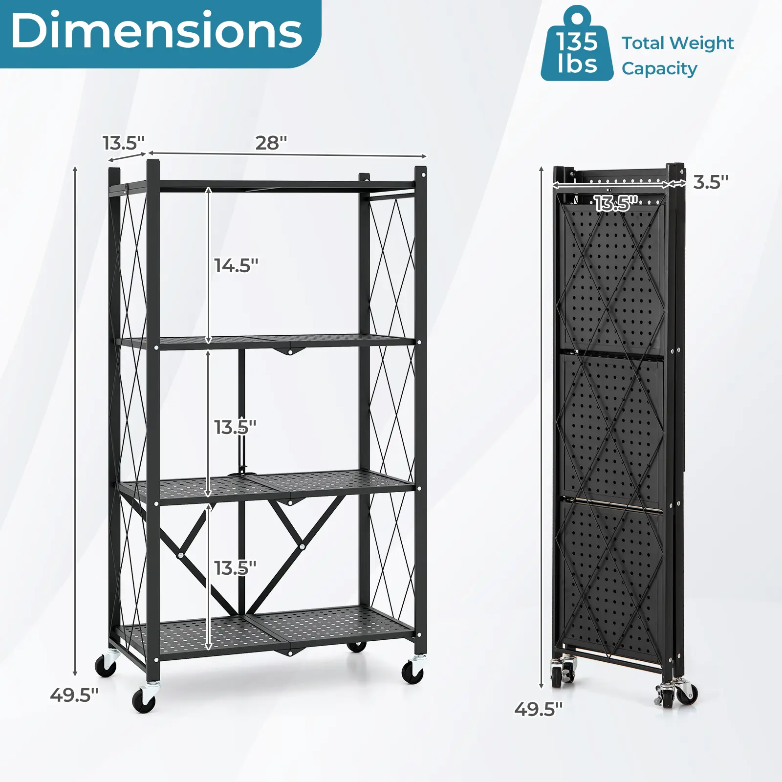 COSTWAY - 4-Tier Foldable Storage Shelf Collapsible Storage Rack with Lockable Wheels-Black