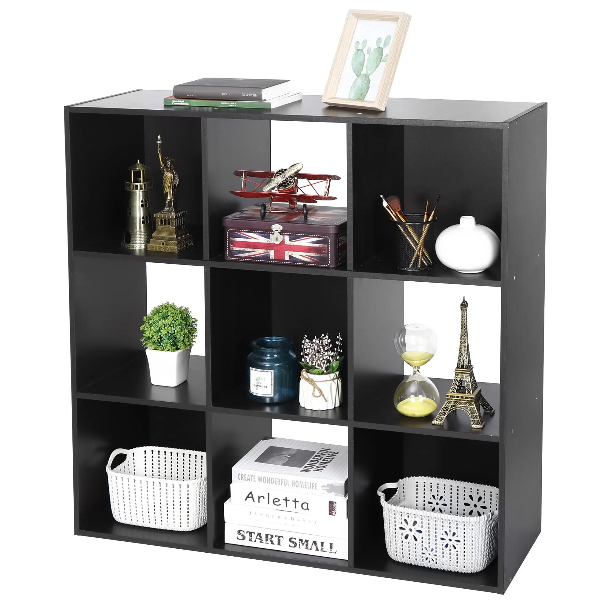 Segawe 3x3 Cube Wooden MDF Storage Organizer - Stackable Storage Cabinet with 5 Removable Open-Back Shelf Boards, Black Clean Aesthetic Decor, Space Saving Furniture for Apartment Setup Inspo