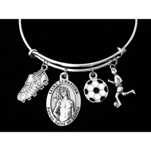 Saint Sebastian Patron Adjustable Bracelet Silver Charm Soccer Ball Cleat Inspirational Gift for Soccer Girls One Size Fits All