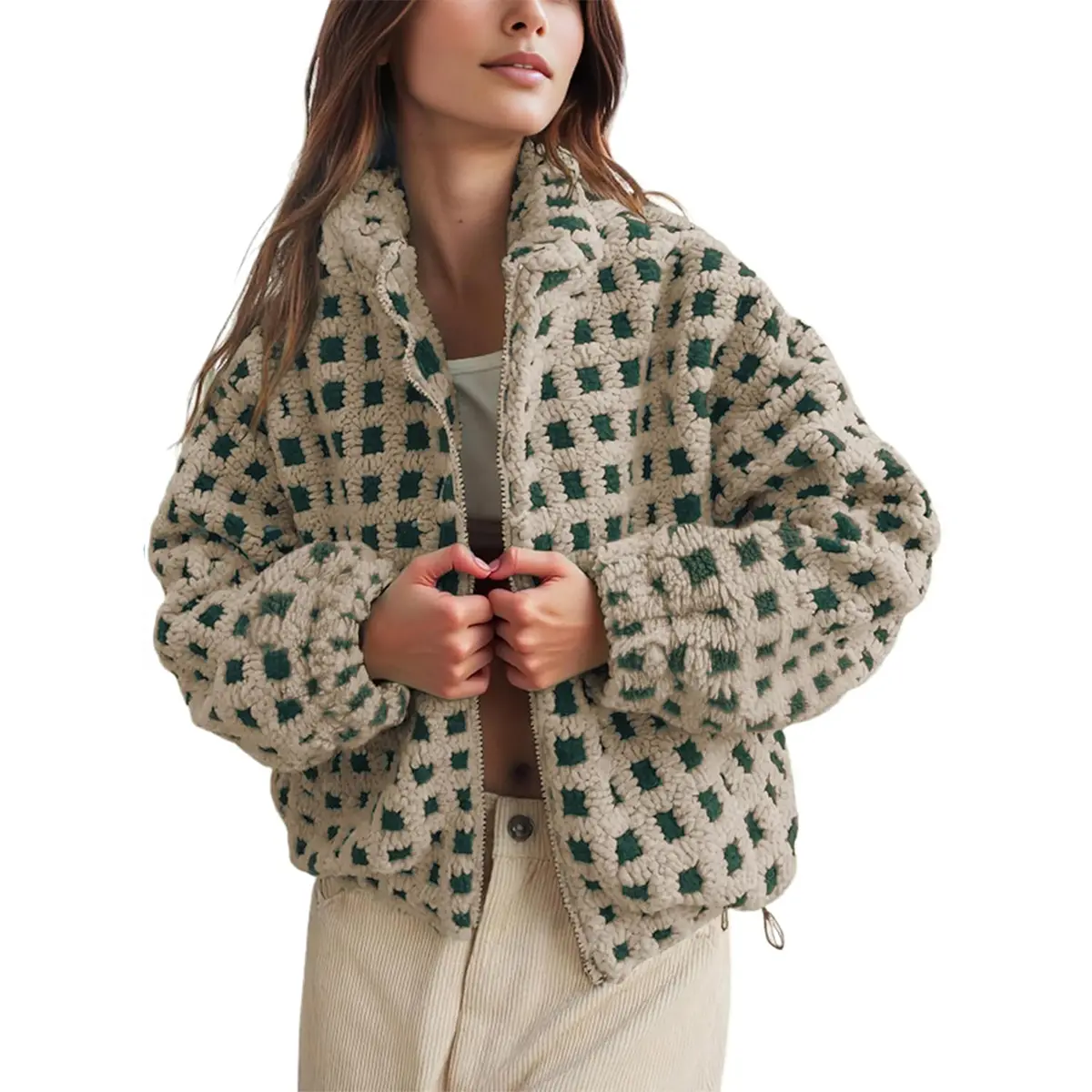 Bienmorn Women's Checkered Sherpa Jacket Zip Up Cropped Fuzzy Soft Plush Winter Coat Cozy Warm Stand Collar Pockets Y2K Aesthetic
