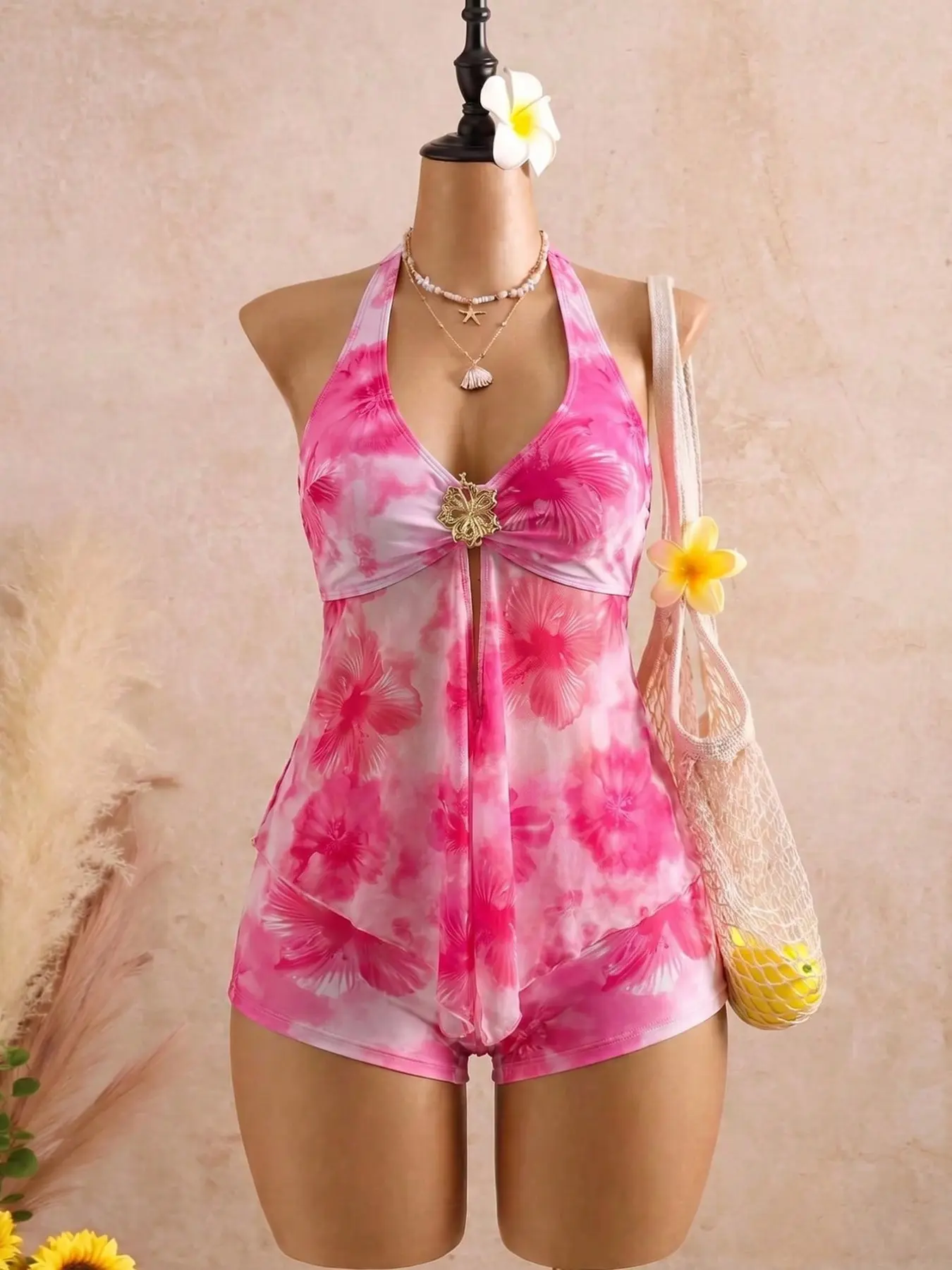 Gradient Hibiscus Halter Neck V-Neck Metal Buckle Mesh Skirt Bottom Split Swimwear Tankini Suit Two-Piece Set, Stylish Tankini Beachwear, Tankini Swimsuit Set