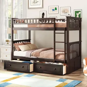 Twin Over Twin Bunk Bed with 2 Drawers, Convertible into Two Twin Beds, Wood Bunk Beds with Ladder & Safety Guardrails, Space-Saving Design for Teens & Guests, No Box Spring Needed (Espresso)